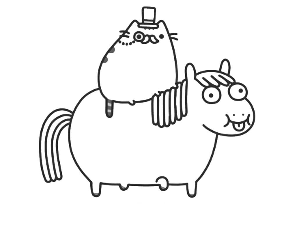 Online coloring book: Coloring page kitten Pusheen on horseback